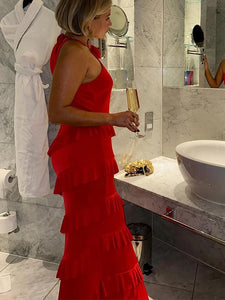 Rose red plunge maxi dress