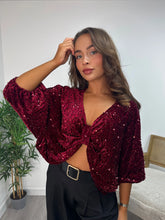 Load image into Gallery viewer, Wine Sequin Bow Front Cropped Hem Top