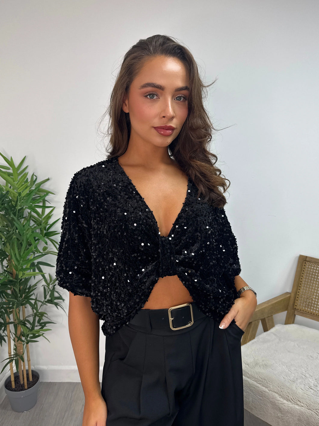 Black Sequin Bow Front Cropped Hem Top