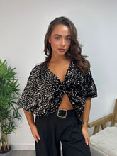Load image into Gallery viewer, Gold Sequin Bow Front Cropped Hem Top