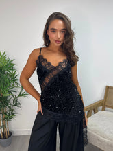 Load image into Gallery viewer, Black Sequin Asymmetric Camisole Top with Lace Trim