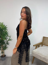 Load image into Gallery viewer, Dark brown Sequin Asymmetric Camisole Top with Lace Trim