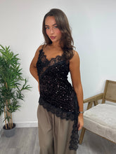 Load image into Gallery viewer, Dark brown Sequin Asymmetric Camisole Top with Lace Trim