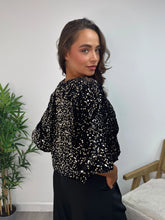 Load image into Gallery viewer, Gold Sequin Bow Front Cropped Hem Top