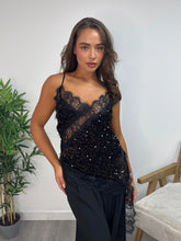 Load image into Gallery viewer, Dark brown Sequin Asymmetric Camisole Top with Lace Trim