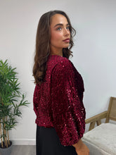 Load image into Gallery viewer, Wine Sequin Bow Front Cropped Hem Top