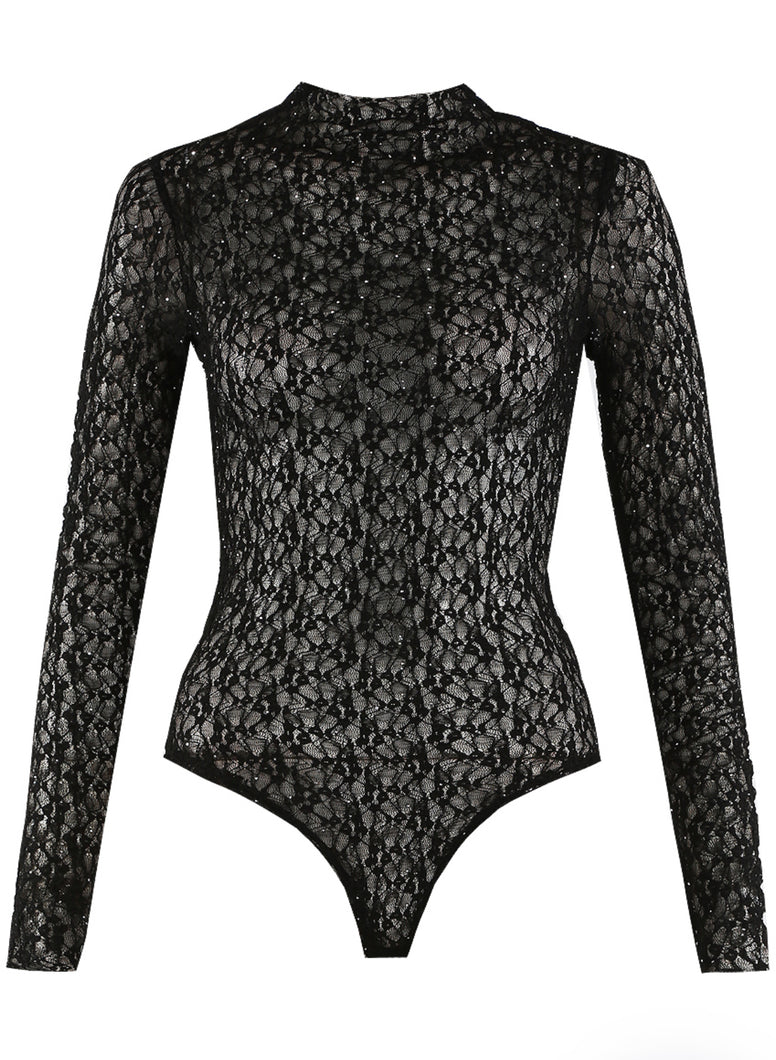 Studded Lace Mock Neck Bodysuit