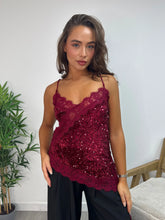 Load image into Gallery viewer, Wine Sequin Asymmetric Camisole Top with Lace Trim