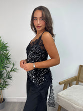 Load image into Gallery viewer, Silver Sequin Asymmetric Camisole Top with Lace Trim