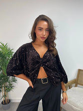 Load image into Gallery viewer, Dark Brown Sequin Bow Front Cropped Hem Top