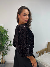 Load image into Gallery viewer, Dark Brown Sequin Bow Front Cropped Hem Top