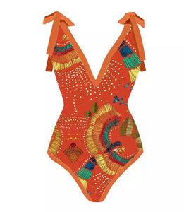 Orange tie shoulder swimsuit & sarong